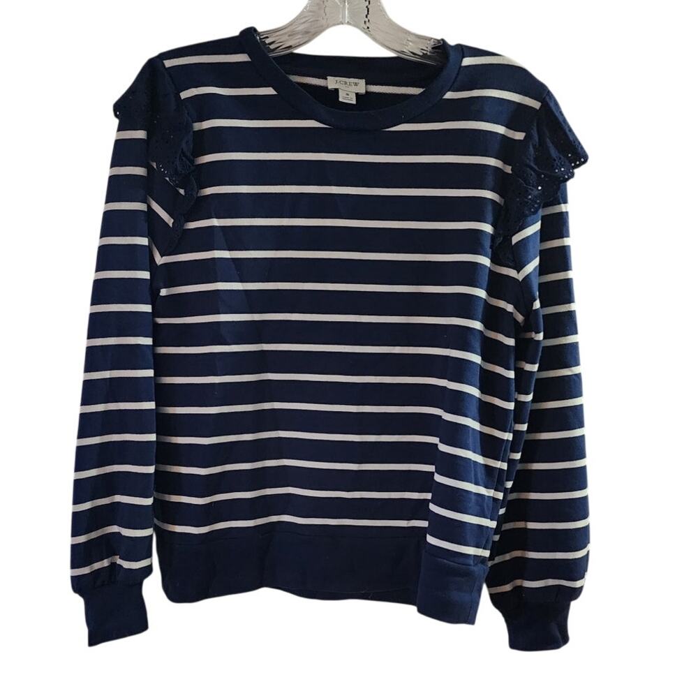 J.Crew Women's Blue White Striped Eyelet Ruffle Sleeves Sweater Size Small
